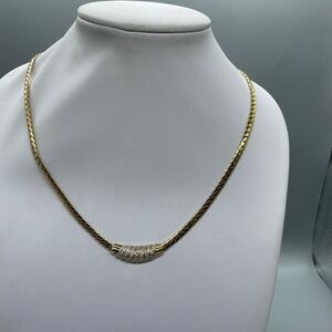 Gold Tone Herringbone Chain Necklace with Crystal Pavé Ribbed Pendant 17 Inch